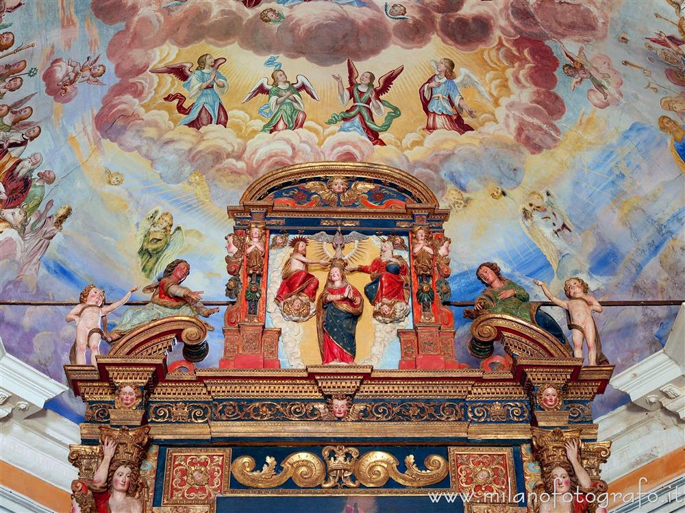 Trivero (Biella, Italy) - Upper part of the retable of the altar of the Large Church of the Sanctuary of the Virgin of the Moorland
